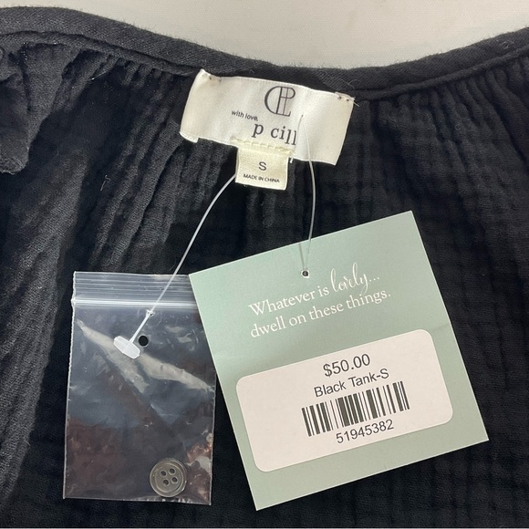 P Cill Black Tank Top w/Adjustable Button Wide Ruffle Straps & Flowing Bodice SM - Picture 3 of 16